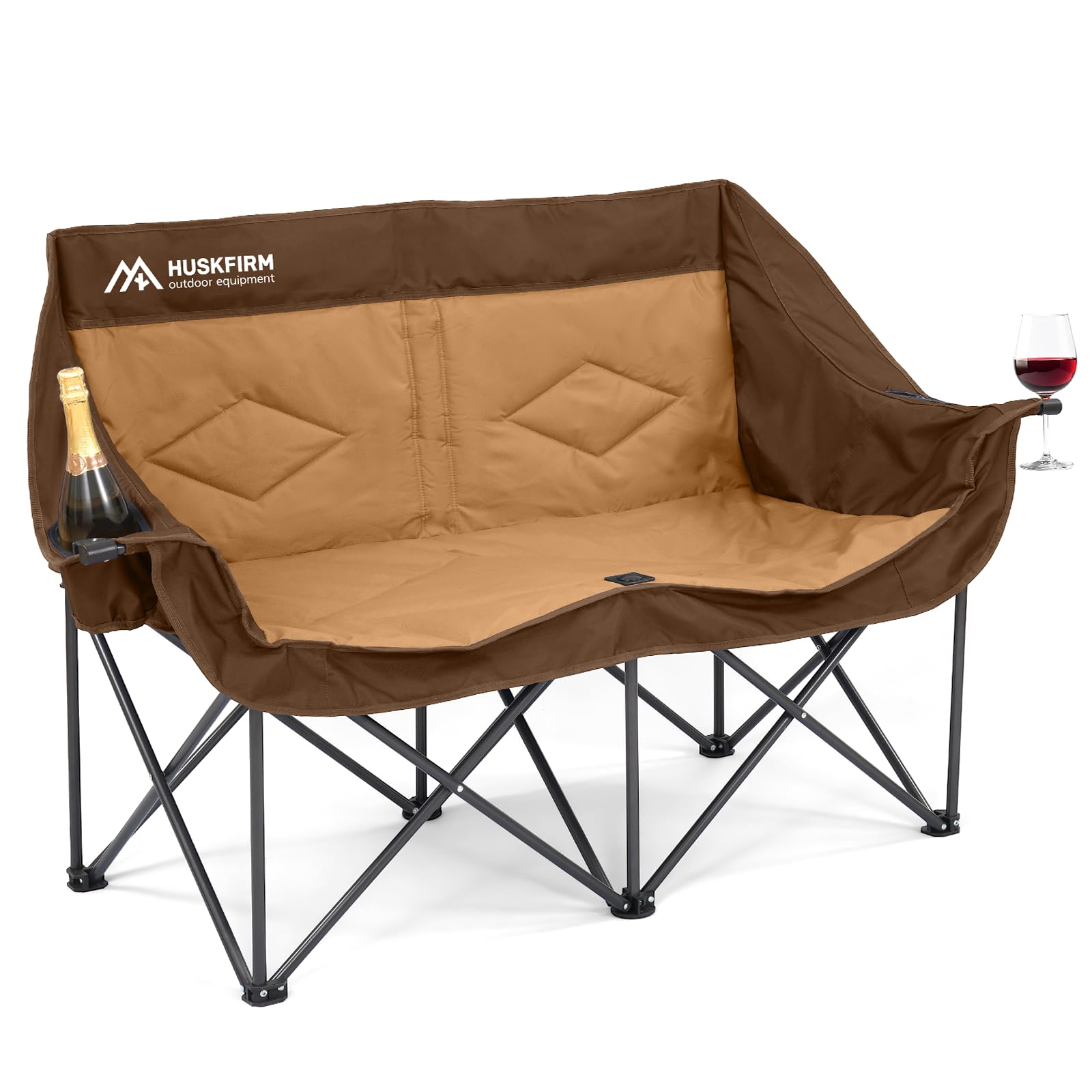 

folding camping chair with a 300kg weight cup and storage Perfect for outdoor lawn or any outdoor portable outdoor Two-seater capacity, holders, bag.