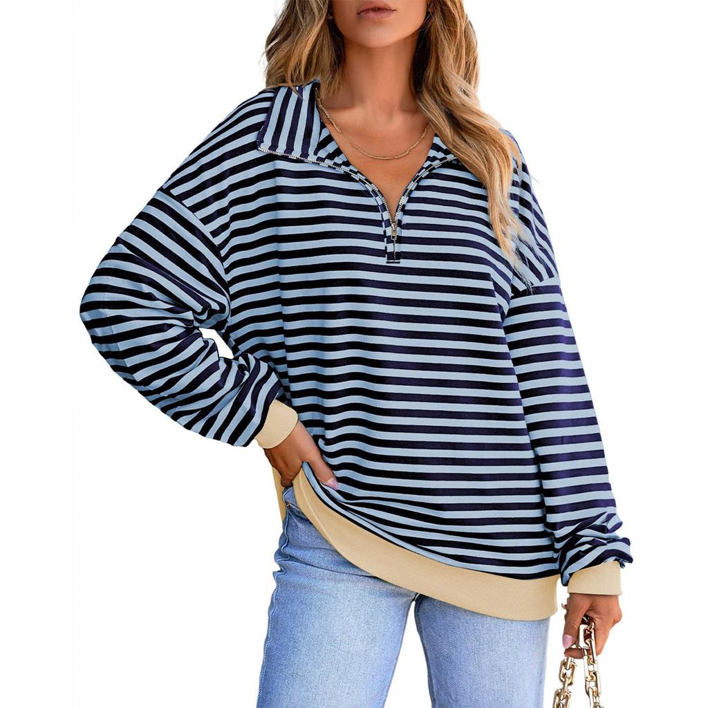 Sweat-shirt à manches longues rayé tendance pour femme, style sport décontracté