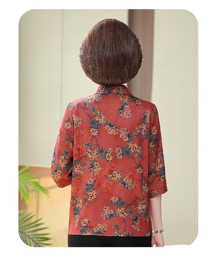 Spring & Summer Floral Print Top for Middle-aged & Elderly Women – Chinese Style Seven-Point Sleeve Shirt