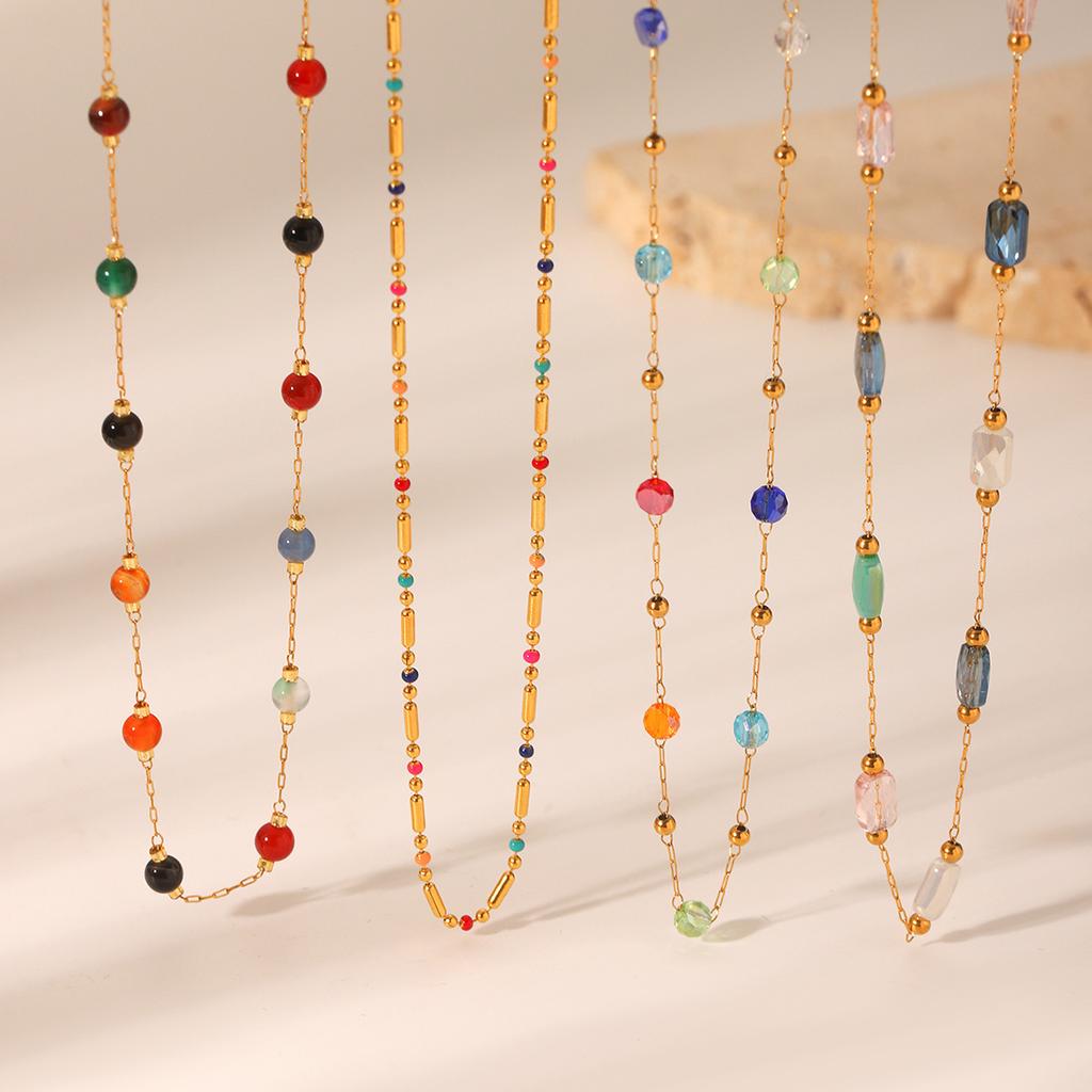 Dopamine Colorful Beaded Natural Stone Round Bead Collarbone Necklace For Women