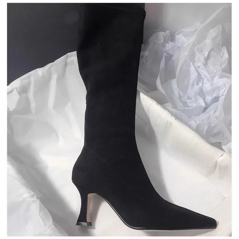 Fashion Pointed Toe Knee-High Boot Sexy Thigh High Boots Womens Side Zipper Suede Elastic High Heels Modern Shoe Zapatos De Mujer