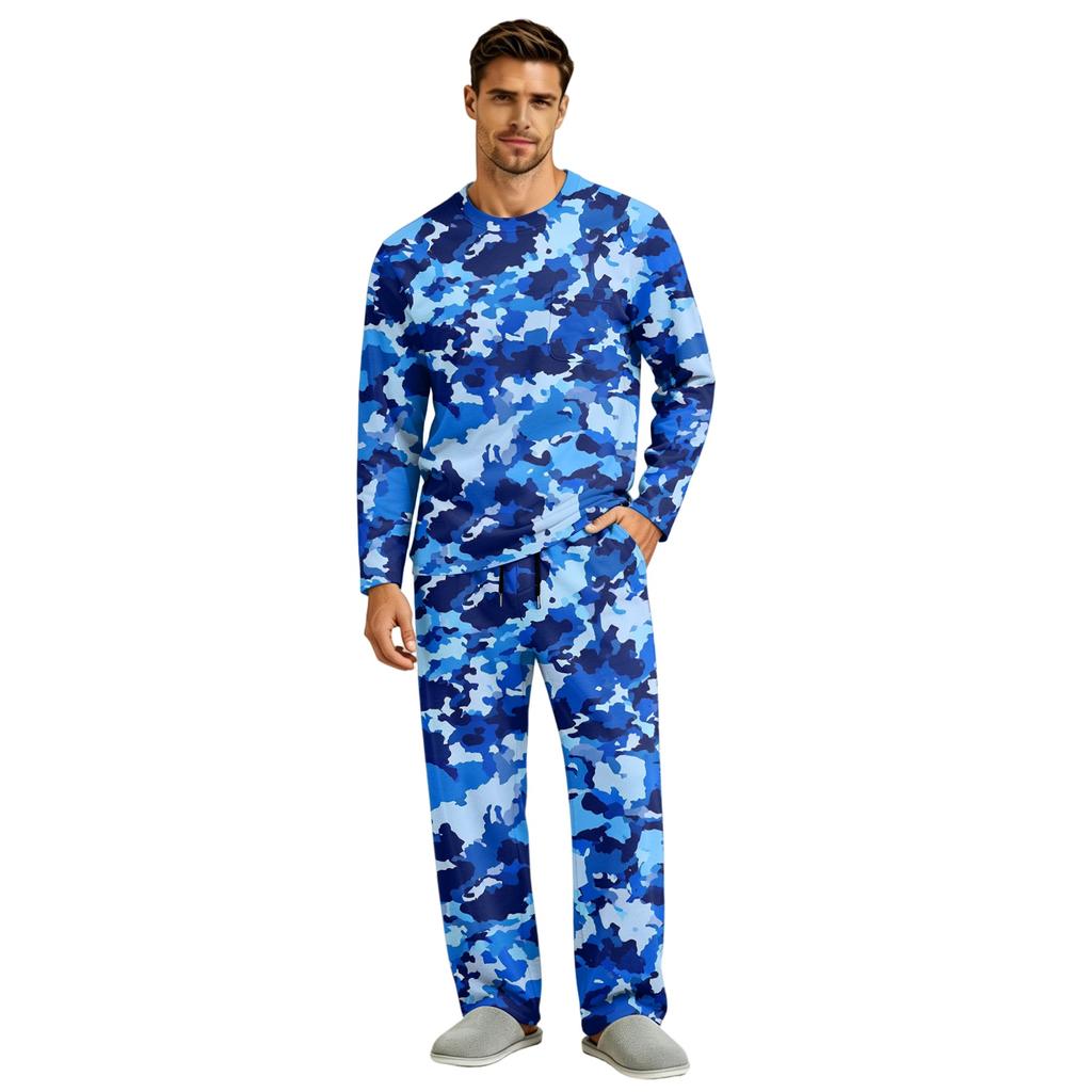 Men's Long Sleeve Pajama Set with Button Crotch and Elastic Drawstring Waist Pants for Home Loungewear
