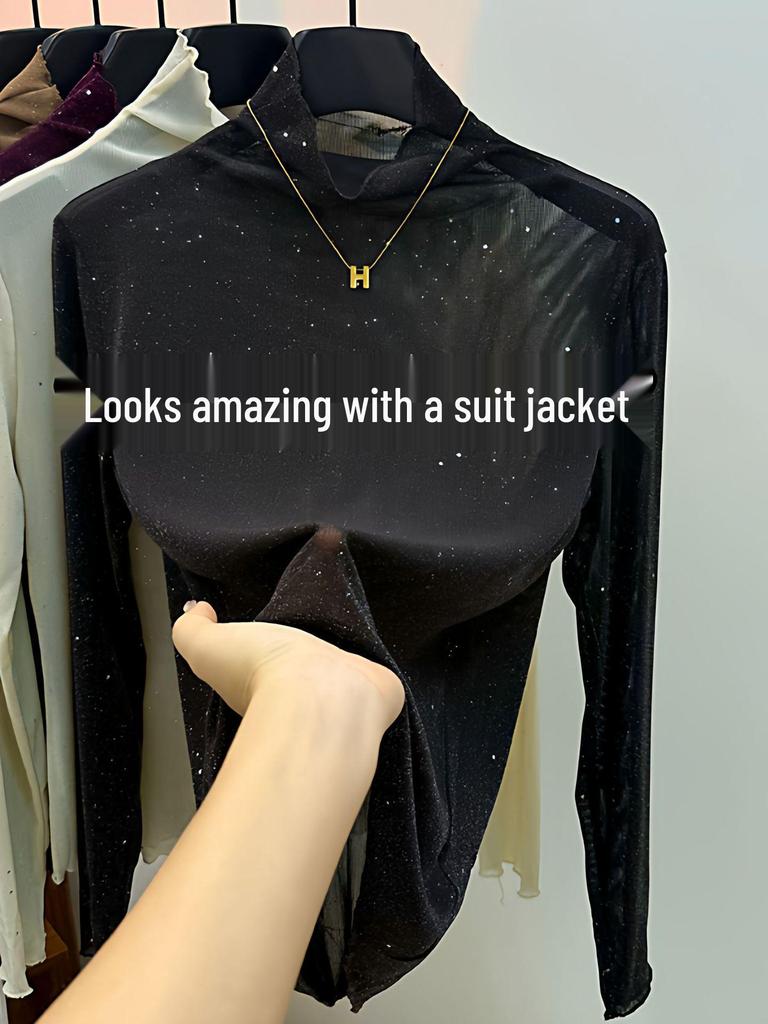 Purple Sequin High Neck Ruffle Lace Top - Women's Slimming Long Sleeve T-Shirt for Autumn/Winter Trends