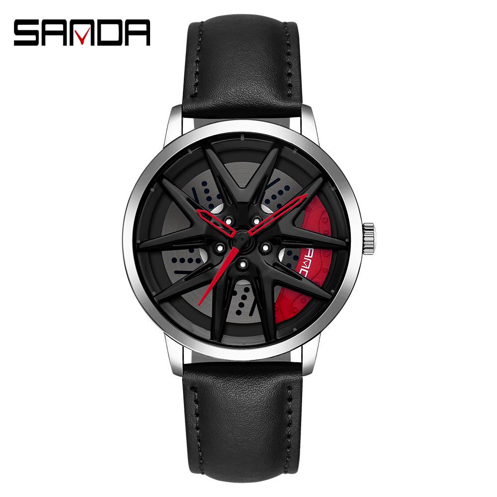 Sanda Men's 1061 Waterproof Leather Strap Watch with Trendy Hollow Dial