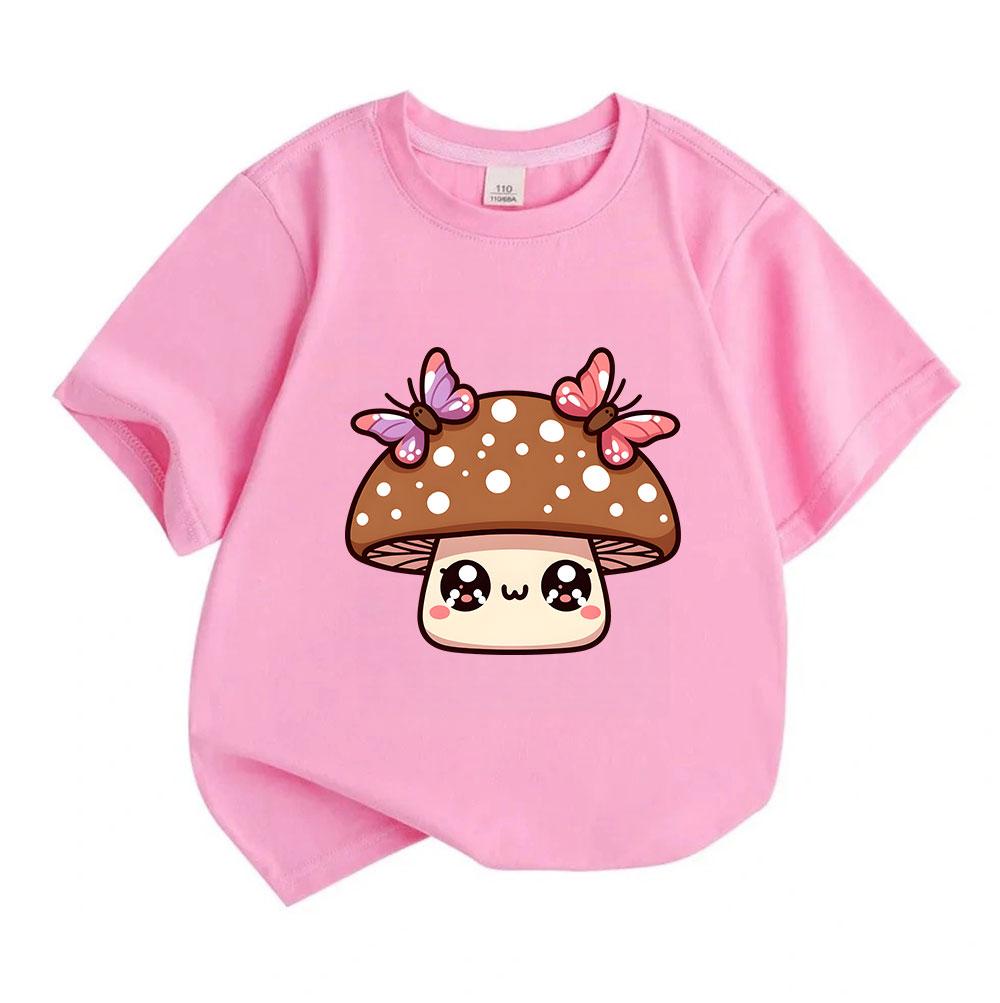 Kids Boys Girls 100% Cotton Crew Neck Short Sleeve T-Shirt, Cute Cartoon Mushroom with Butterflies Pattern Casual Soft Tee for Toddlers Everyday Wear