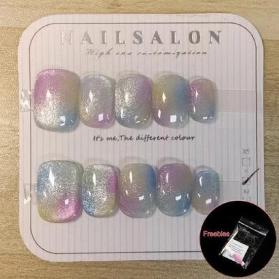 100% Handmade short round shape Candy Colored Full Cat Eye Fake Nail With Glue Art Simple Pearl smudged magic mirror powder Colorful Nails Fake Nails