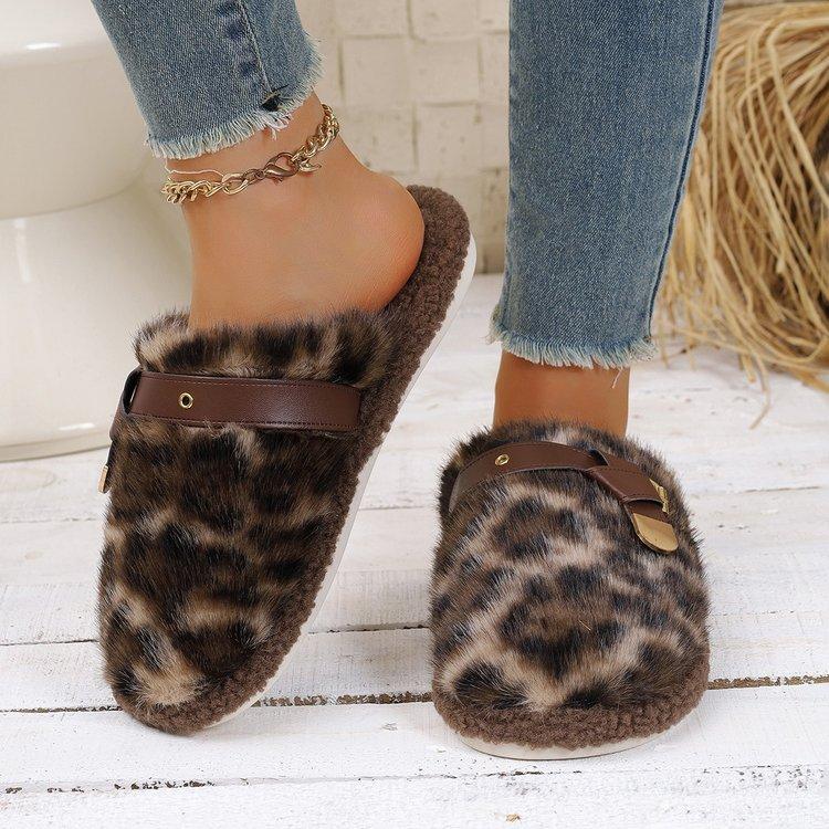 Women's Leopard Print Baotou Plush Slippers Padded Warm Winter Thick Bottom Heightened Home Slippers Casual Hiking Indoor Shoes Snow Cotton Mops