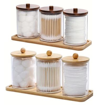 3 Stuks Houder Dispenser met Bamboe Deksel Transparante Acryl Badkamer Potten met Dienblad Wattenschijfjes Opberg Dispenser Herbruikbaar