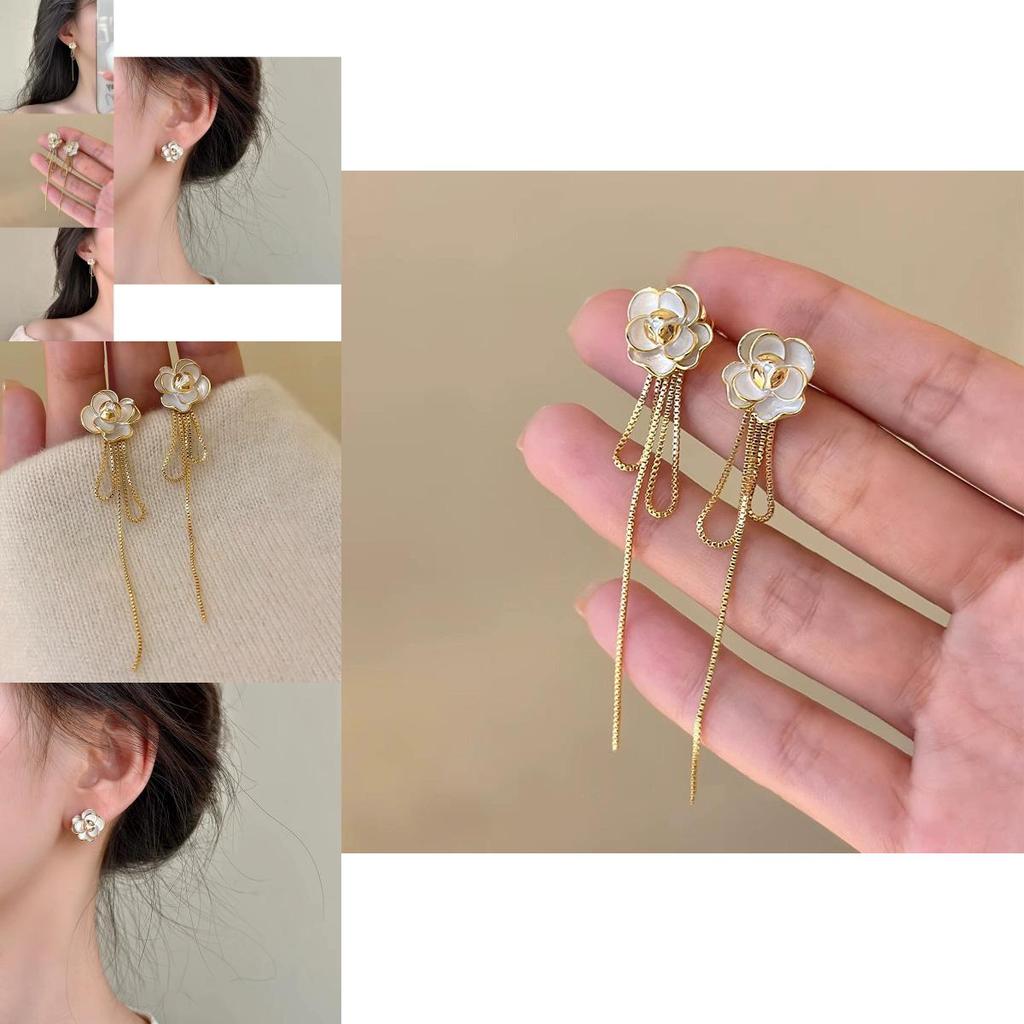 Elegant And Stylish Alloy Camellia Tassel Earrings Long And Slim Ear Thread Women's Fashion Accessories