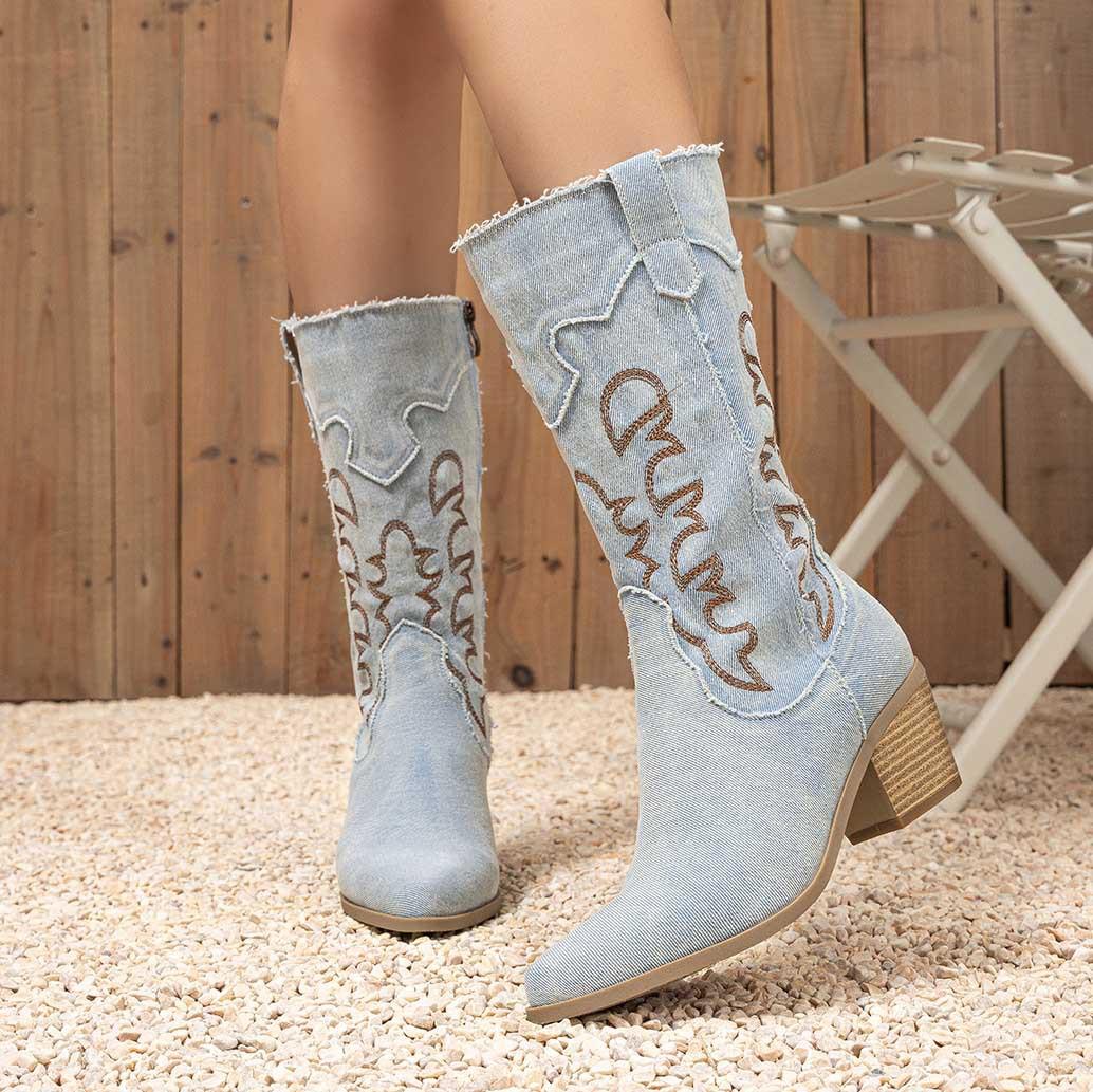 

Рыцарские сапоги большого размера зимние новые с острым носком вышитые средней высоты с толстым каблуком женские на платформе ковбойские сапоги в западном стиле 42 светло-синий