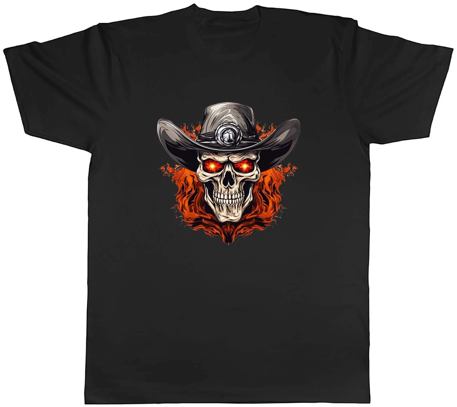 Cowboy Skull Mens T-Shirt Sleketon Head Gothic Flame Tee Gift L