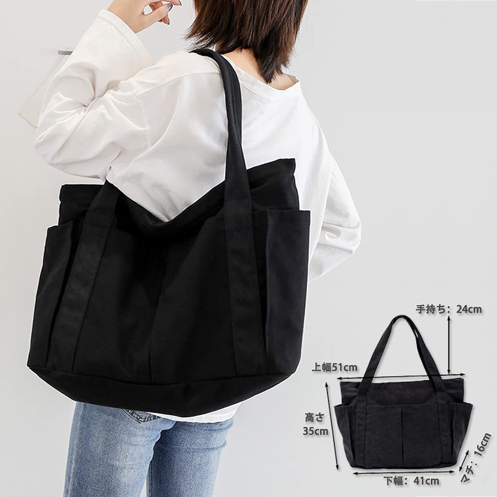 Umetoo Canvas Tote Bag with Zipper, Large Capacity, Multi-Pockets, Unisex, Eco Bag (Beige)