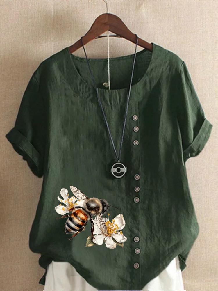 Women's Fashion Bee Flower Print Shot Sleeve T-shirt Loose Cotton Shirt Casual Loose Summer Blouse Tops Plus Size