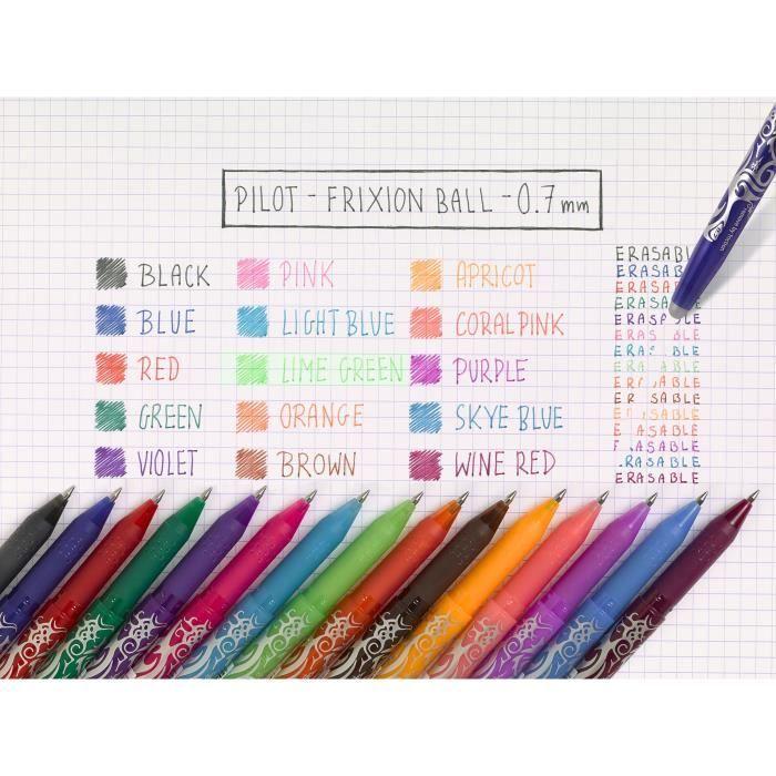 PILOT- POCHETTE de 15 rollers effacables - Frixion Ball - Pointe Moyenne - Encre Noire, Bleue, Rouge, Verte, Bleu ciel, Corail,