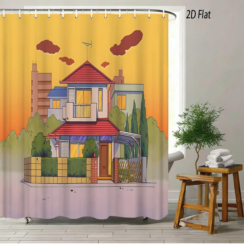 Crayon Shin-Chan Toru Kazama Animal Cosplay Peeking From Green Window Scene 2D Print Waterproof Shower Curtain, Bold Blue & Gree