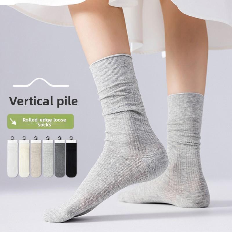 Female Spring and Summer Pure Color Breathable Sweat Absorbing Deodorant Boneless Tube Stack Cotton Socks