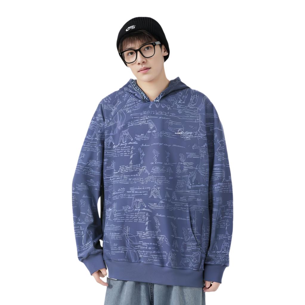 Li Ning X Bruce Lee Collaboration Kung Fu Series Loose Fit All Over Print Embroidered Casual Pullover Hoodie Men Hoodies Starry-Blue AWDTC77-2