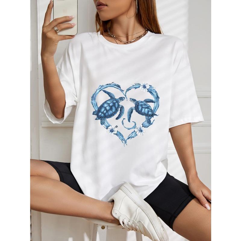 Women Casual Loose T Shirt White Turtle Heart Print Summer Top For Beach And Daily Wear