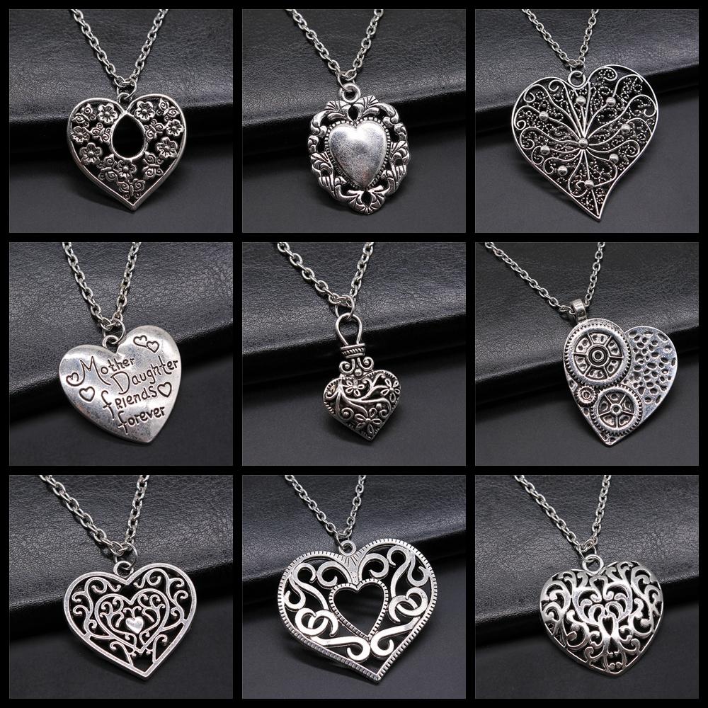 3D Hollow Heart Pendant Necklace Vintage Antique Silver Color Carved Heart Pendant Necklace For Women Long Metal Chain Necklace
