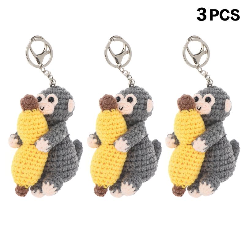 Cute Crochet Monkey Banana Keychain Handmade Knitted Animal Bag Charm Backpack Pendant Key Holder Lovely Gifts