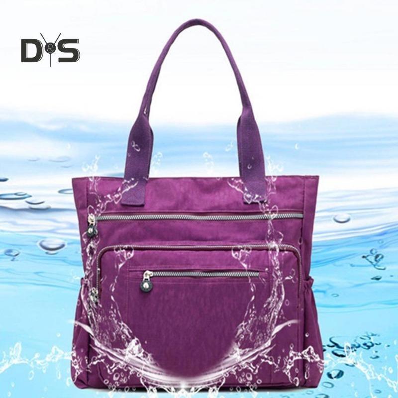 Solid Color Multi Pocket Zip Handbag Nylon Shoulder Storage Bag