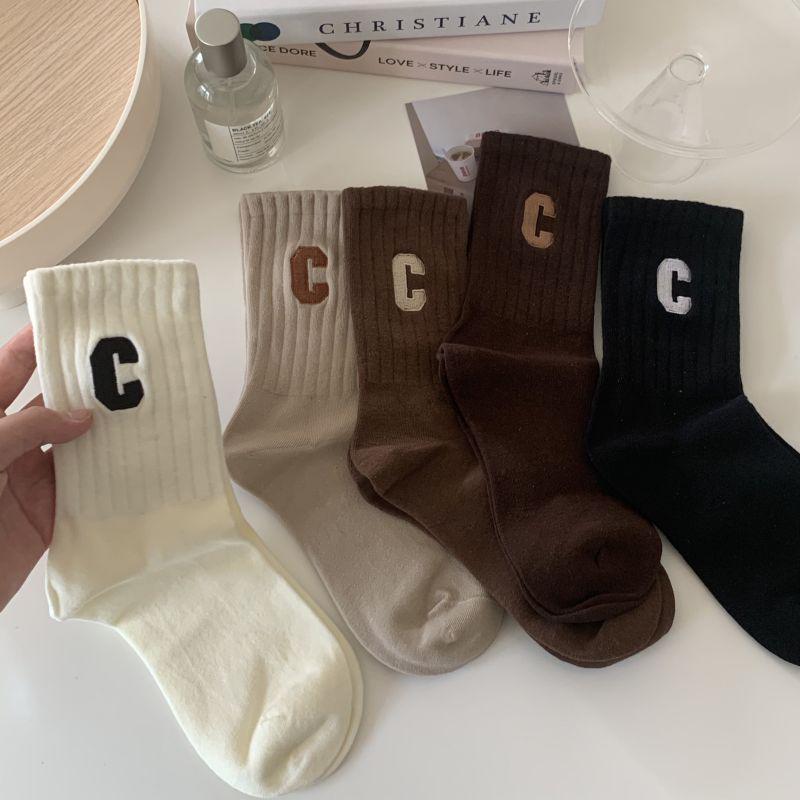 Women's Pure Cotton Embroidered Striped Mid-Calf Socks - Trendy and Breathable Design