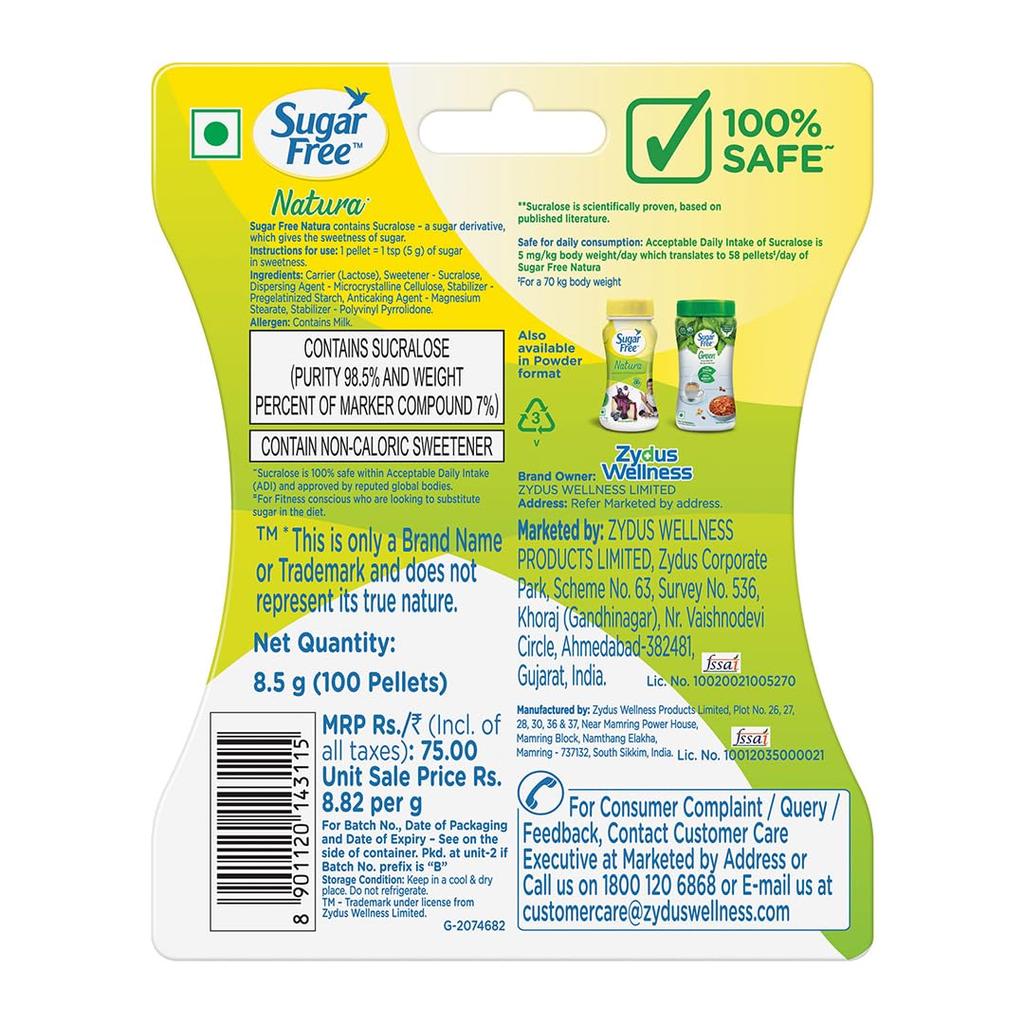 Sugar Free Natura 100 Pellets 85 Mg Each Low Calorie Sucralose Based Sweetener Ideal For Health Conscious And Fitness Lifestyle