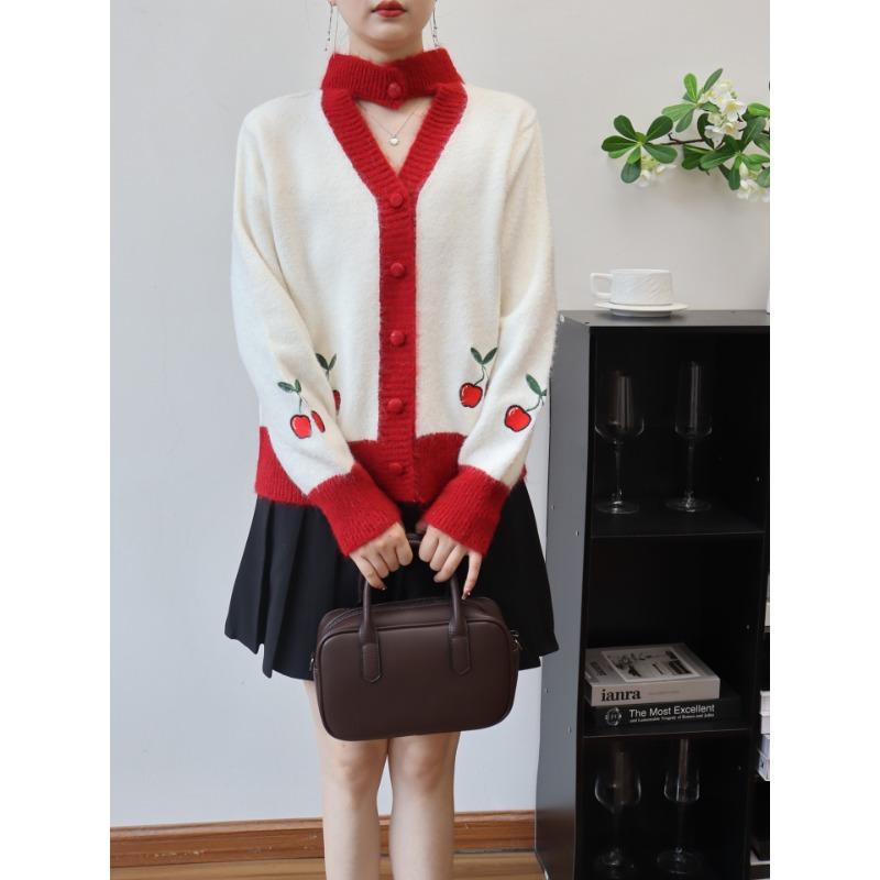 Autumn and Winter New Cherry Contrasting Color Design Sense Knitted Cardigan Sweet Gentle Wind Loose Sweater Jacket Women