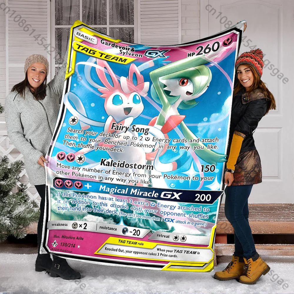 Cartoon Pokemon Cards Sylveon Printed Blanket Flannel Fluffy Soft Blanket for Adult Kids Plush Sofa Home Car Camping for Gifts