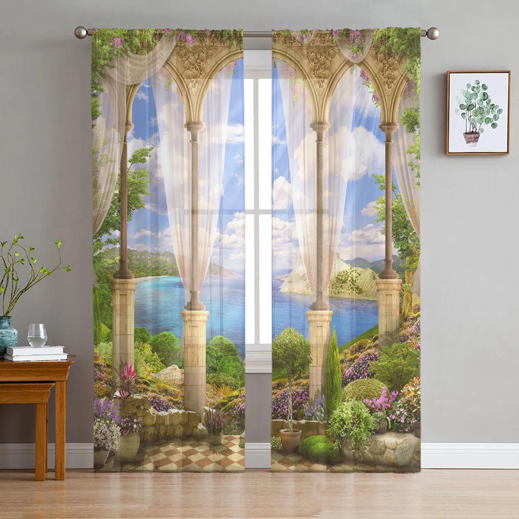 European Style Building Balcony Scenery Tulle Window Curtains Living Room Organza Sheer Voile Curtain Bedroom Kitchen Home Decor