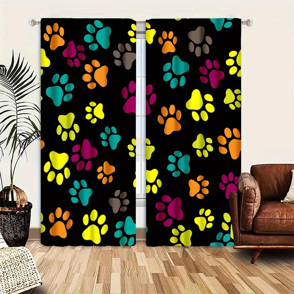 2pcs Colorful Pet Paw Print Pattern Curtains, Designed for Light Blocking, Premium Material, Suitable for Pet Lover's Room, Livi