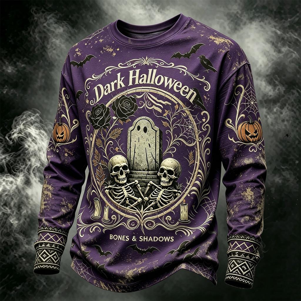 Men's Casual Long Sleeve Round Neck Top with Halloween Print for Seasonal Wear