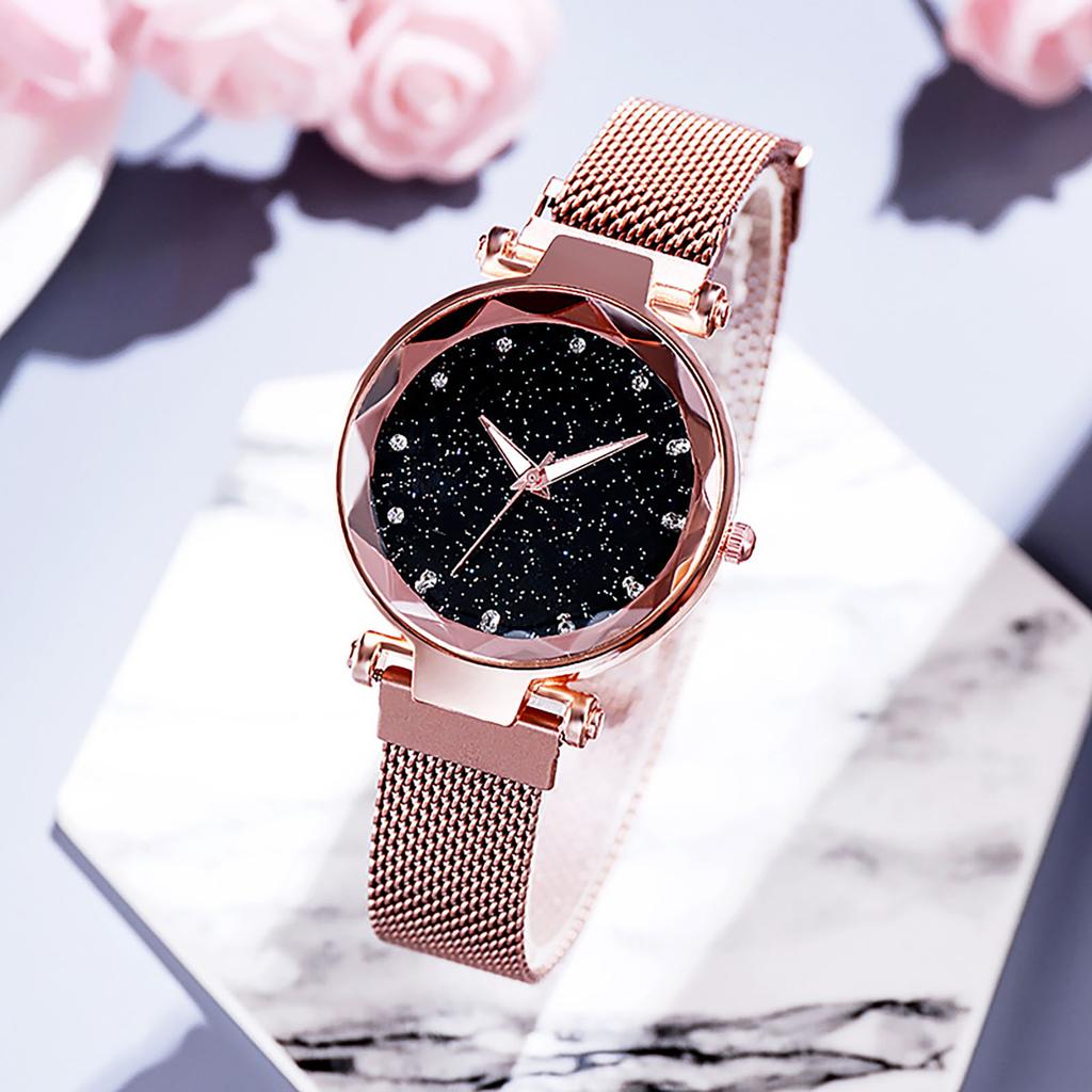 Women Round Bracelet Watch Starry Sky Analog Quartz Wristwatch with Clear Dial for Outside Office Business Meeting