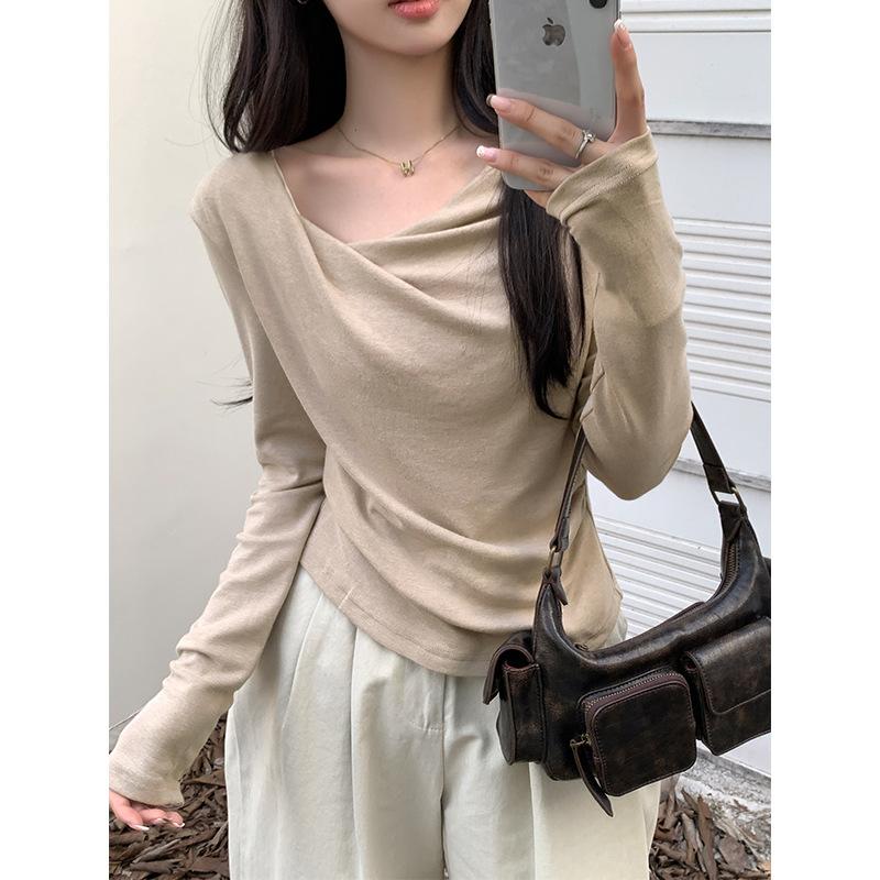 Spring Autumn Sloping Shoulders Solid Bottomed Sweater Women Long Sleeve Casual All-match Pullover KnittingTop