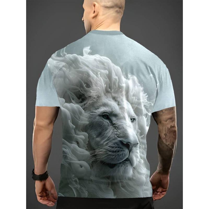 3D Lion Pattern Printed Short Sleeved Cool and Loose Summer Round Neck Top Men's T-shirts