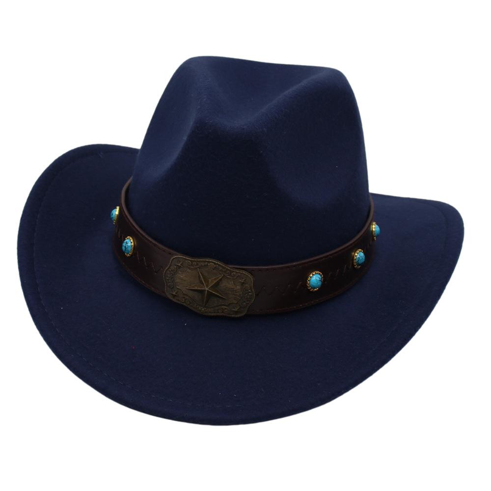

Western Cowboy Hat Pentagram Retro Jazz Top Hat Felt Hat Gem Woolen Hat Men And Women adult [d denim]