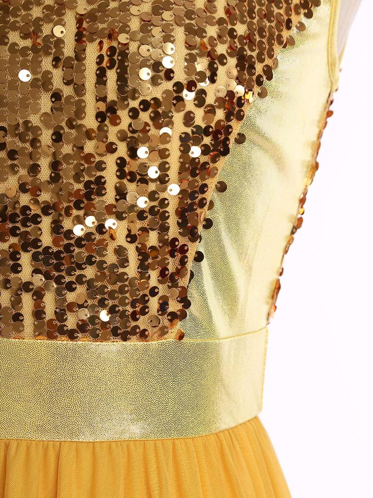 Womens Worship Praise Dance Dress Shiny Sequine Sleeveless Bodice Gradient Mesh Irregular Hem Lyrical Costume