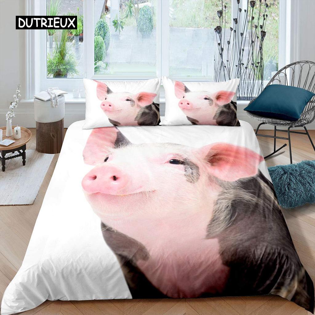 Pig Duvet Cover Set Cute Pig Bedding Set King Size Zoo Quilt Cover Happy Farm Animal Comforter Cover with Zipper Closure for Kid