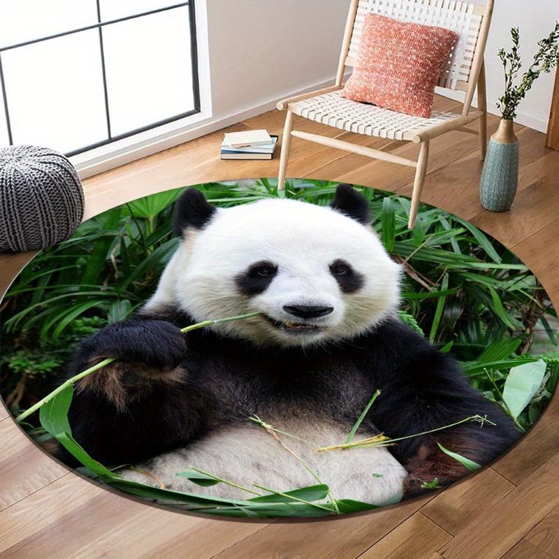 Panda Eating Bamboo Round Rug Flannel Cute Animal Design Carpet Home Decor Living Room Bedroom Floor Mat Non Slip Washable Area