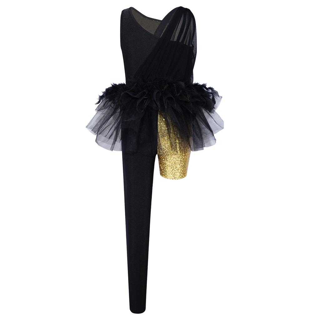 Girls Sparkling Sequins Asymmetrical Color Block Dance Jumpsuit Leotard with Feather Tulle Skirt Bodysuit for Performance Competition