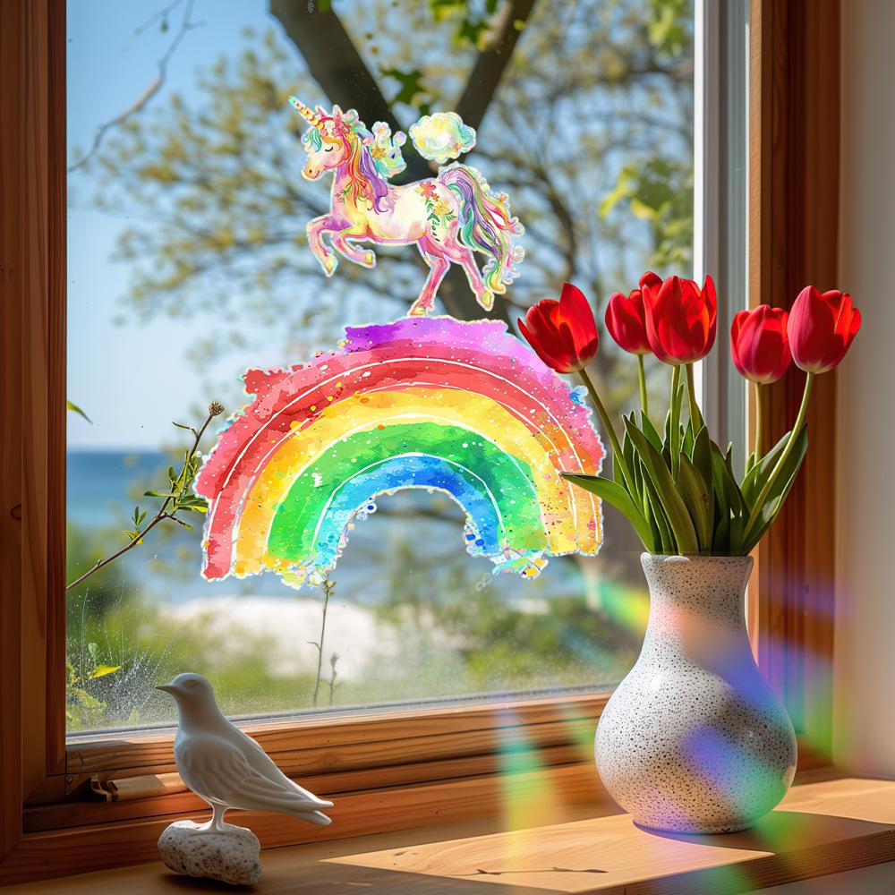 Oil Painting Irregular Rainbow Unicorn Glass Door and Window Beautification Decoration Static Window Stickers