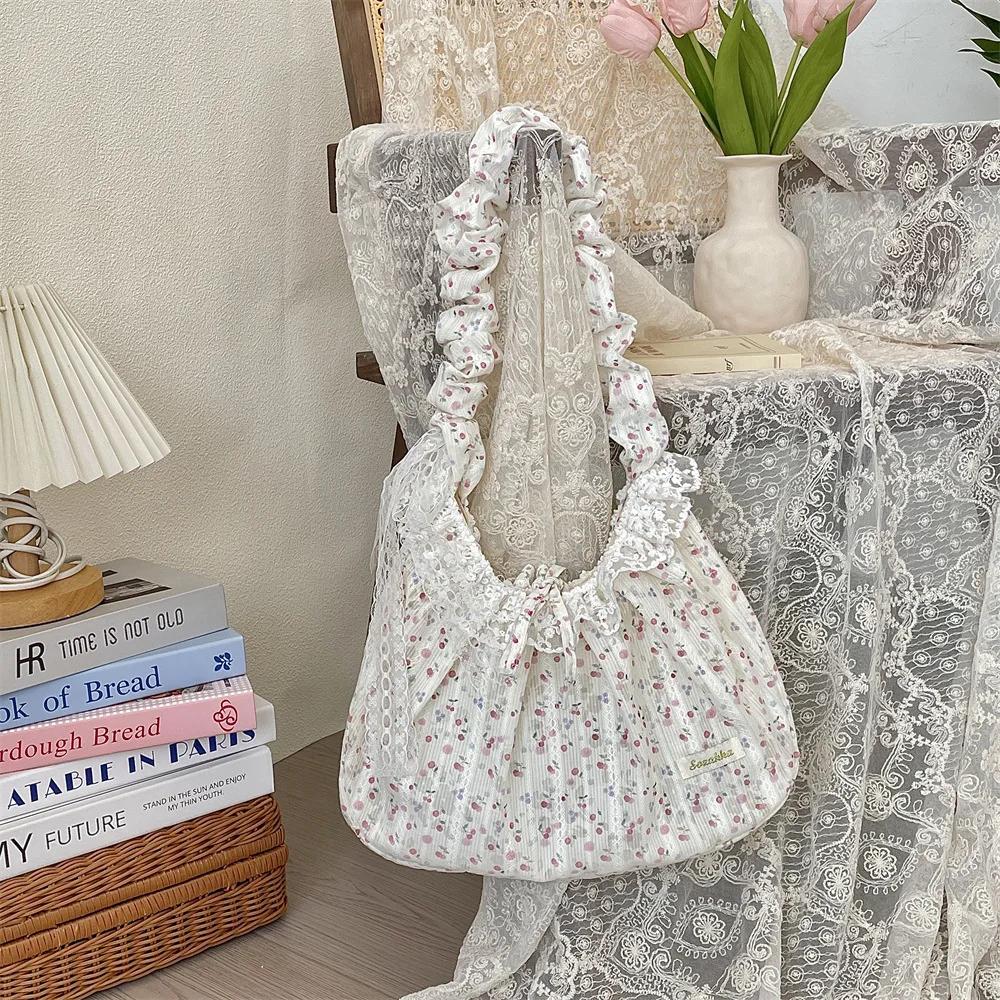 Sweet Lace Bow Female Tote Commuter Underarm Bag Rose Floral Women's Shoulder Bags Pleated Strap Girls Flower Crossbody Bag