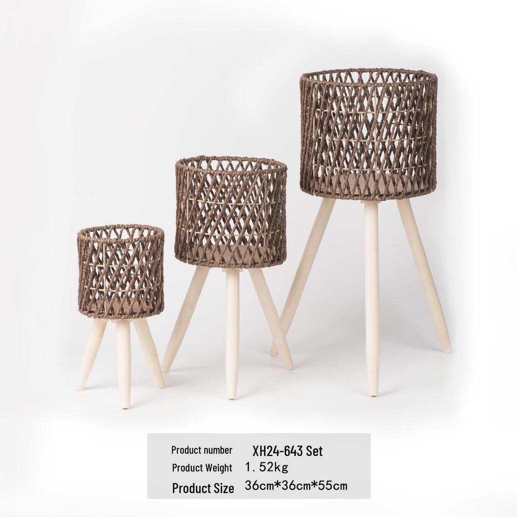 Nordic Rattan Woven Plant Stand - Handmade High-Leg Wooden Flower Pot for Indoor/ Balcony/ Living Room.