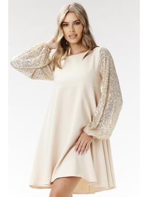 A-line Mini Dress with Sequined Sleeves, Beige XL