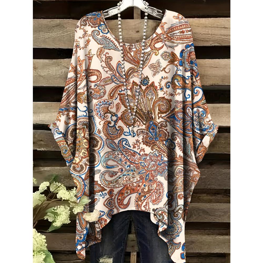 Sommer Damen T-Shirt Ethnischer Stil Gedruckter Frack Rundhalsausschnitt Lässig Bequem Y2k T-Shirt Vintage Damen Kurzarm-T-Shirt