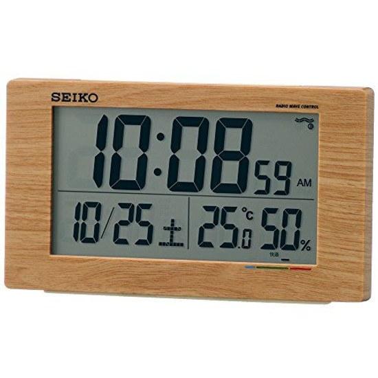 Seiko Clock Alarm Table Natural Radio Digital Calendar Comfort Level Temperature Humidity Display Light Brown Wood Grain SQ784A
