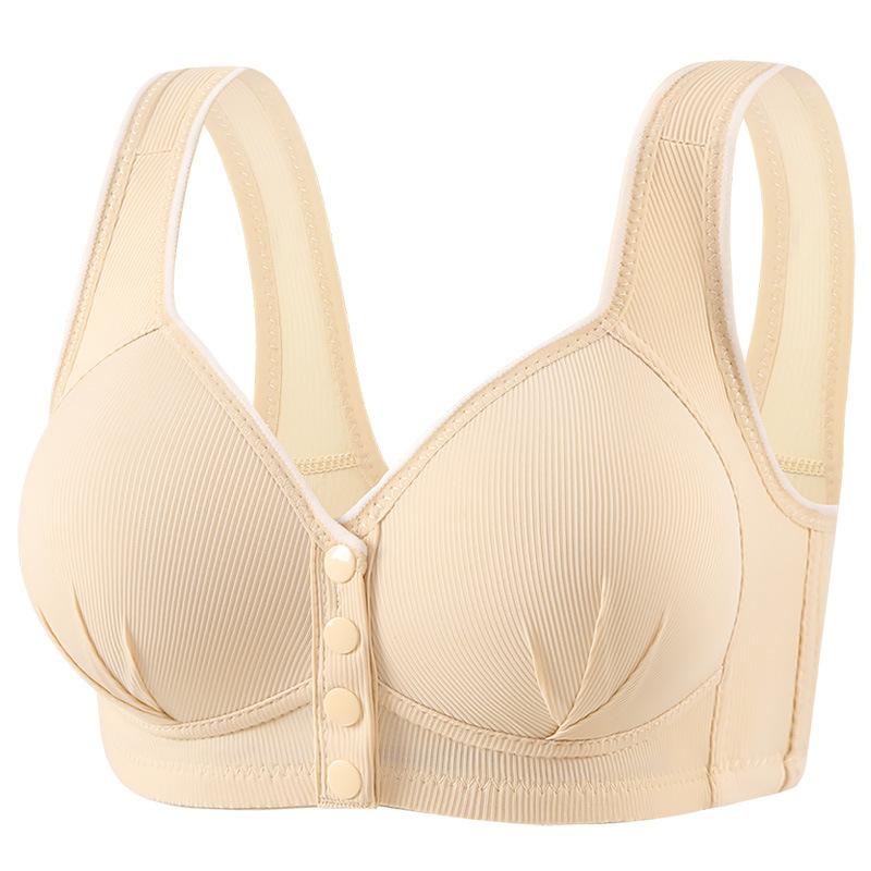 Plus-size front-fastening nursing bra: wire-free, push-up, side-cinched, thin-cup, button-fastening camisole-style bra