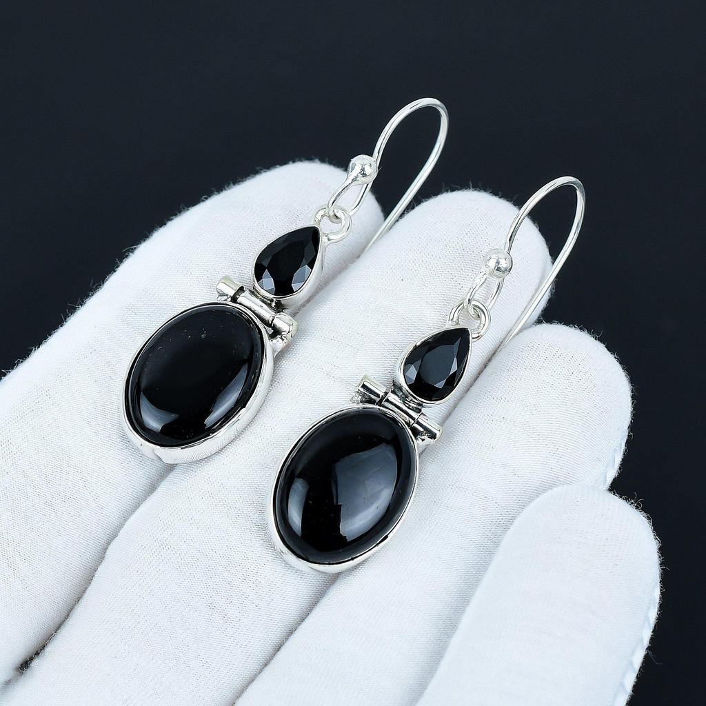 Black Onyx & Black Spinel Gemstone Earrings, 925 Sterling Silver Earrings, Silver Earrings For Gift, Dangle Drop Earrings For Birthday Gifts