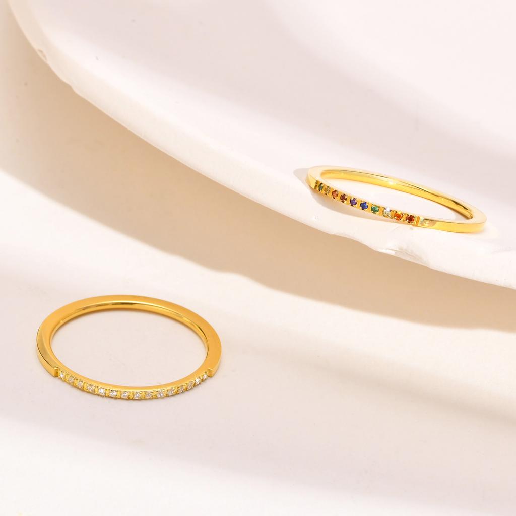 New In Fashion Minimalist Metal CZ Stone Rings for Women,Anti Allergy Stainless Steel Full Light Set Colored Cubic Zirconia Ring