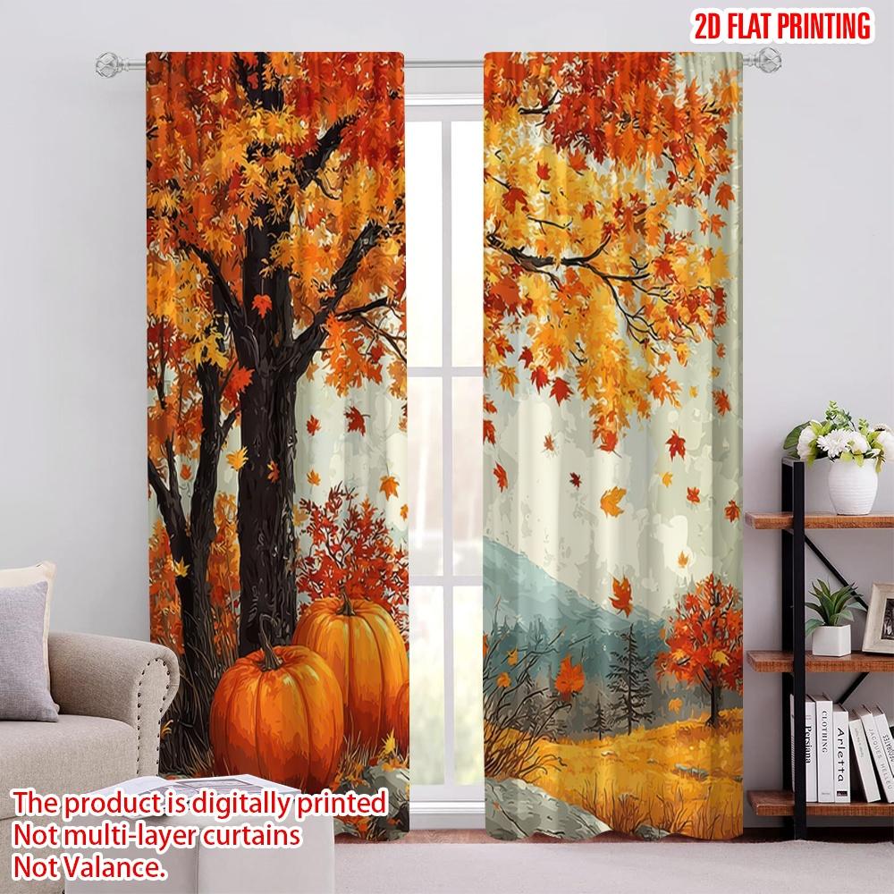 

Flat Printing Drapes Autumn Pumpkin Maple Leaf Versatile Durable Polyester Without Electricity Family Party Perfect Curtains Set Of 2 Made W100*H70(CM)-Hooks&2PCS